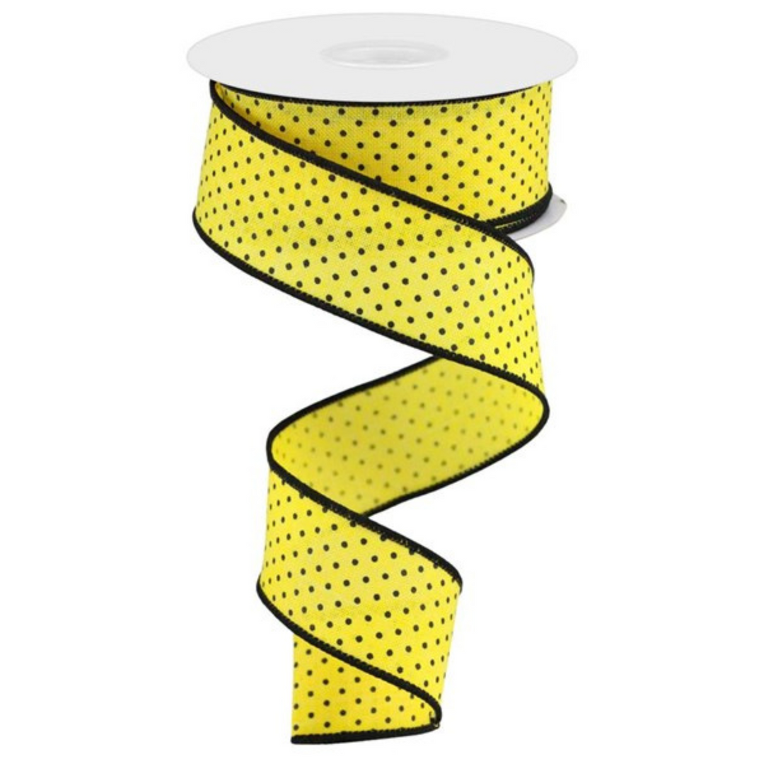 1.5" x 50 YD Sun Yellow with Black Raised Swiss Dots Wired Ribbon