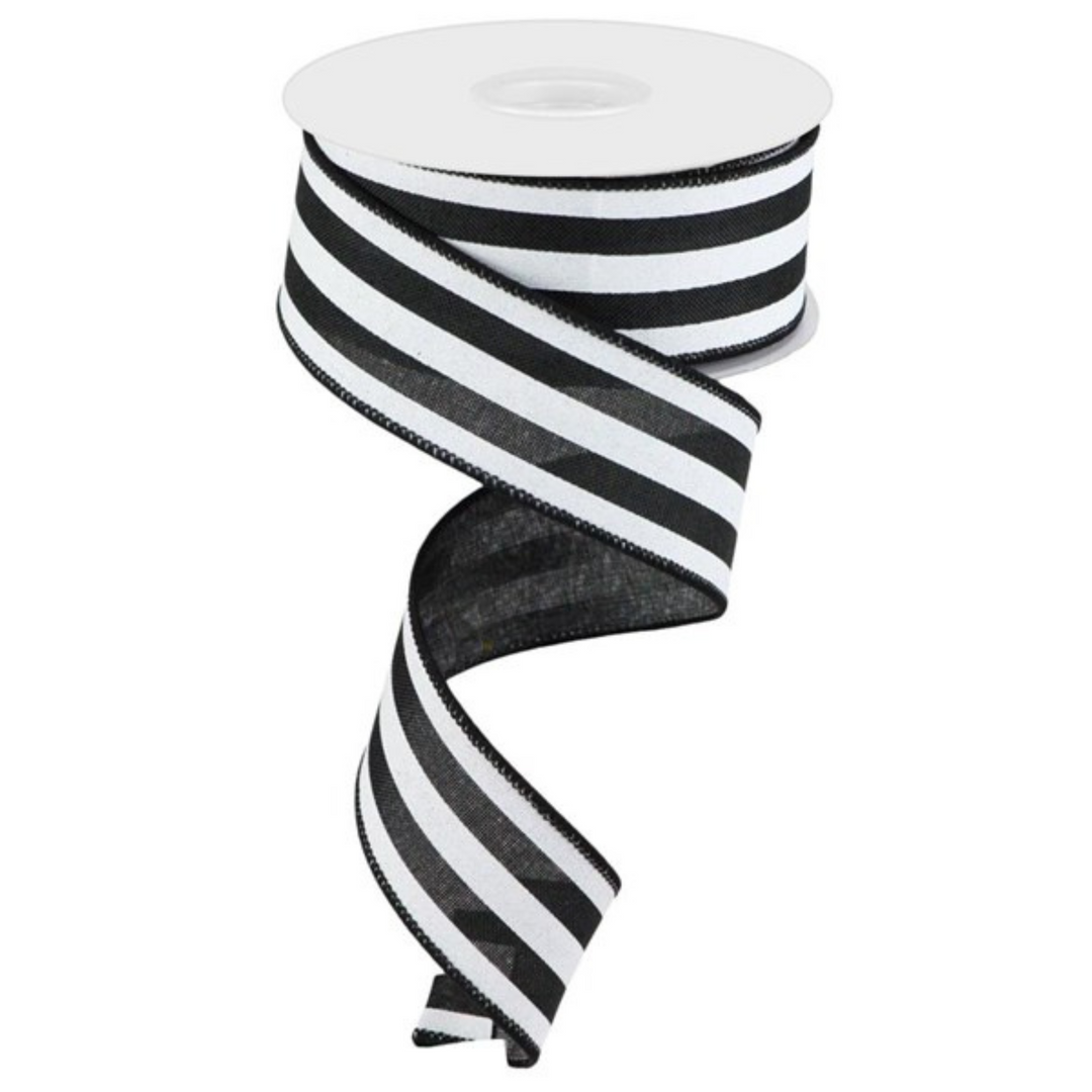 1.5" x 100 Feet Vertical Stripe in Black with White Wired Ribbon