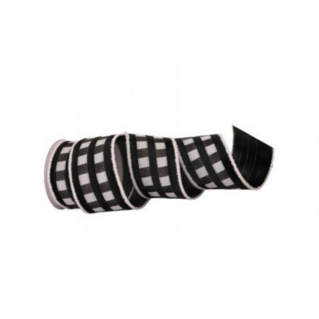 Regency LUXURY  4" x 10 Yard Fur Edge Check Stripe Wired Ribbon Black/White