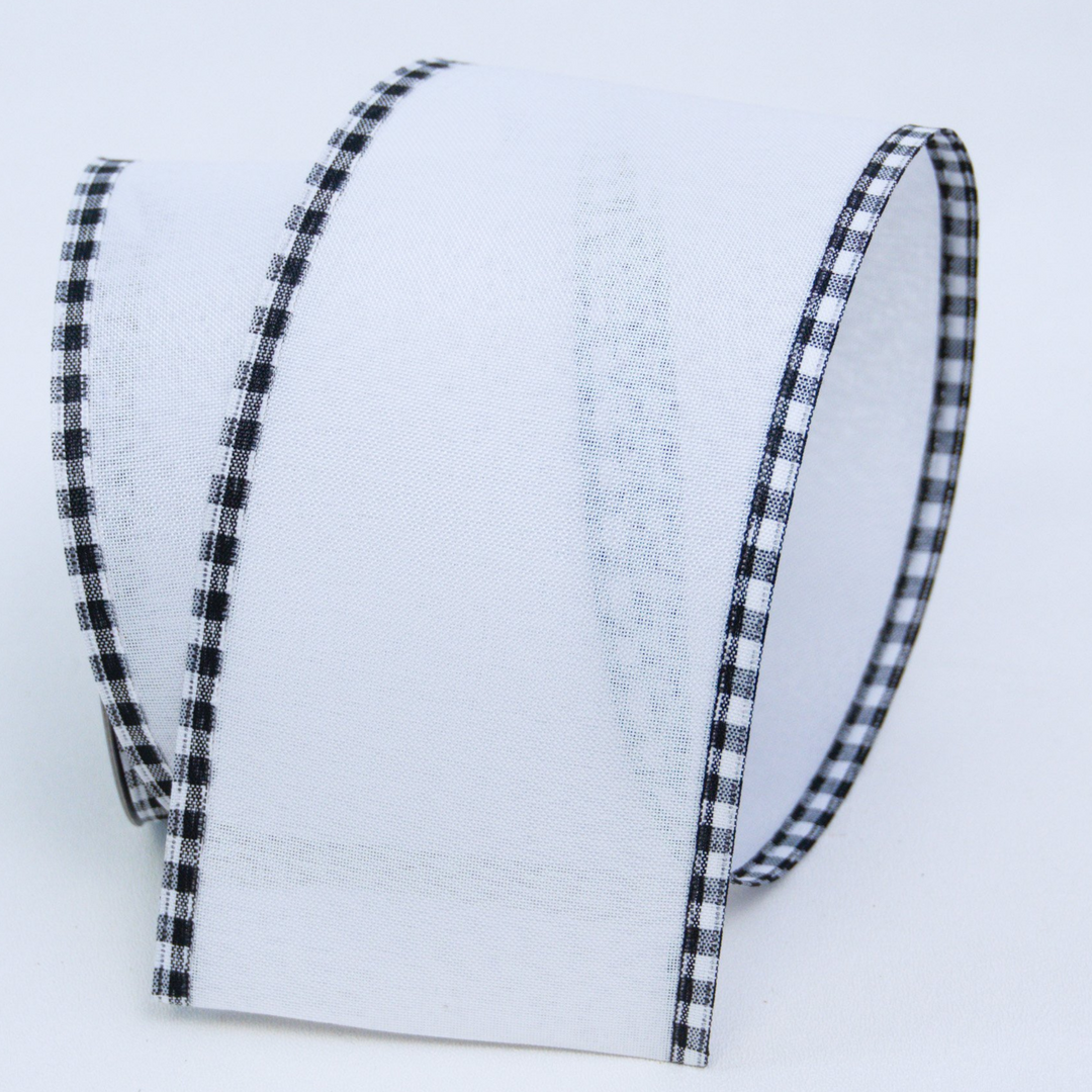 LUXURY 4" X 10 YD White & Black Country Checked Border Wired Ribbon