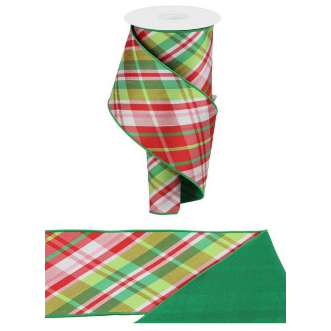 4" x 10 YD Diagonal Plaid in Red/Green/Pink with Green Backing Wired Ribbon
