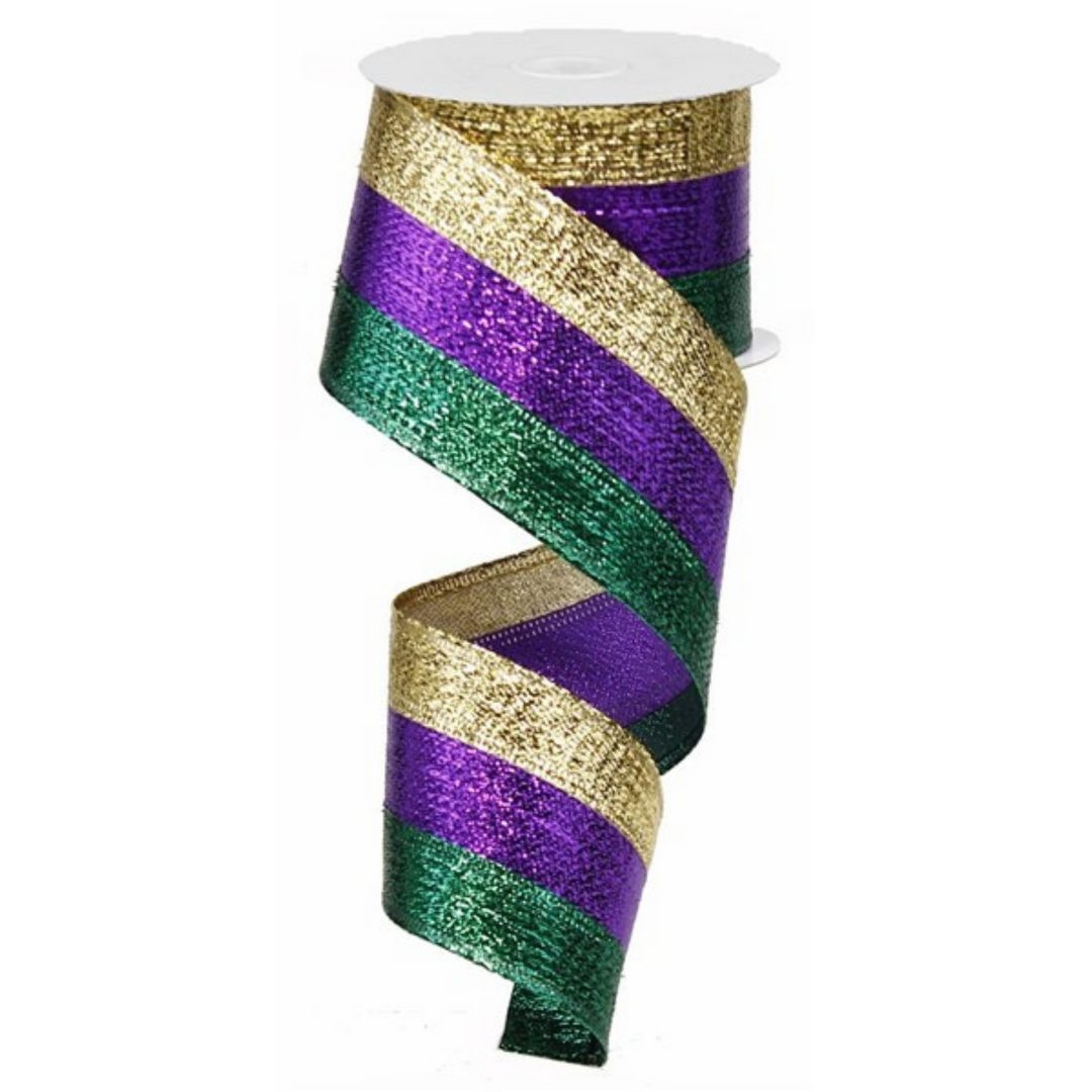 2.5" x 10 YD Mardi Grad 3 in 1 Metallic Wired Ribbon in Purple/Green/Gold