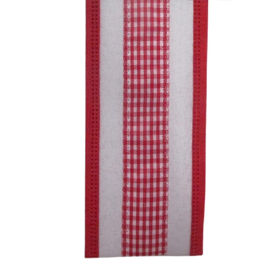 Direct Export LUXURY 2.5" x 10 YD Linen Mini Check Wired Ribbon in Red/White