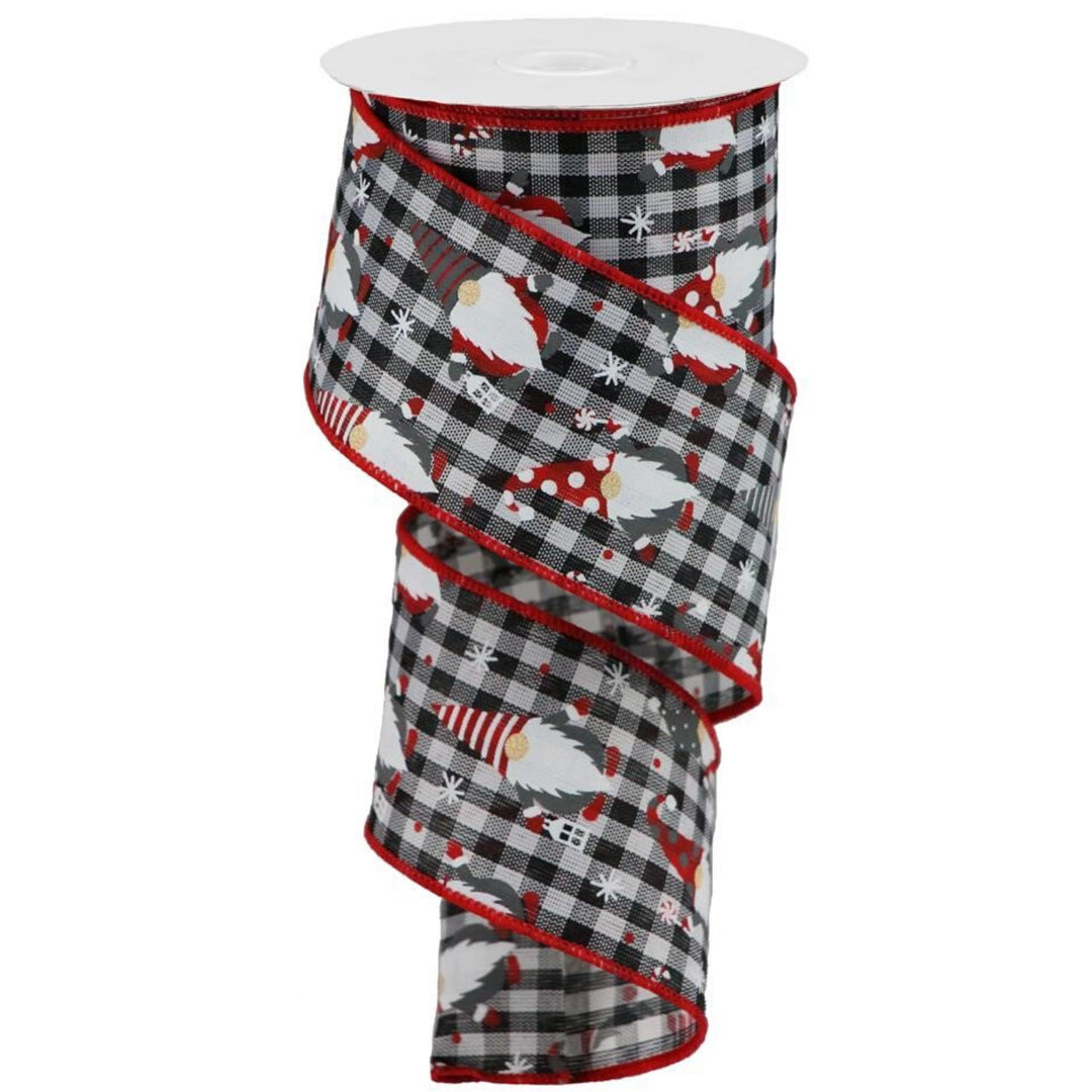 2.5" X 10 YD  Christmas Gnomes on Check Wired Ribbon - Black/White/Red