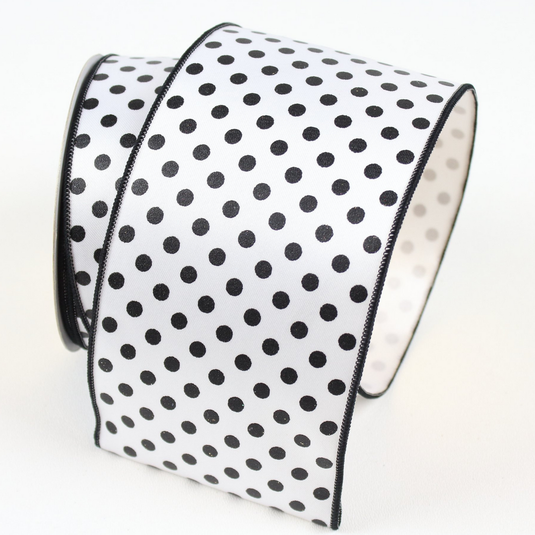 Farrisilk 4" X 10 YD White/Black Mini Dots Wired Ribbon