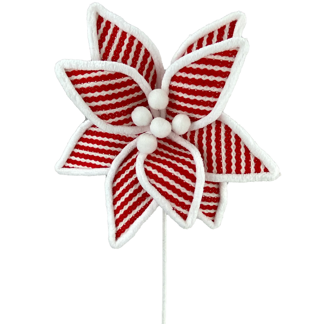 26" Knitted Stripe Poinsettia Pick in Red/White