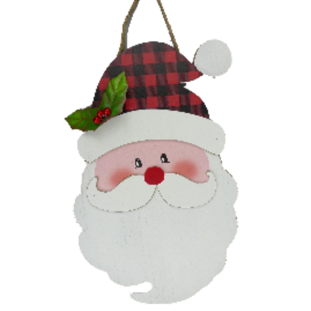 14" Wooden Santa head with Hat and Holly Leaf