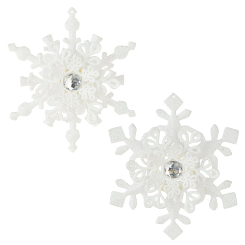 RAZ 5.25" 3 Dimensional White Snowflake Ornaments with Jewel Centers- set of 2