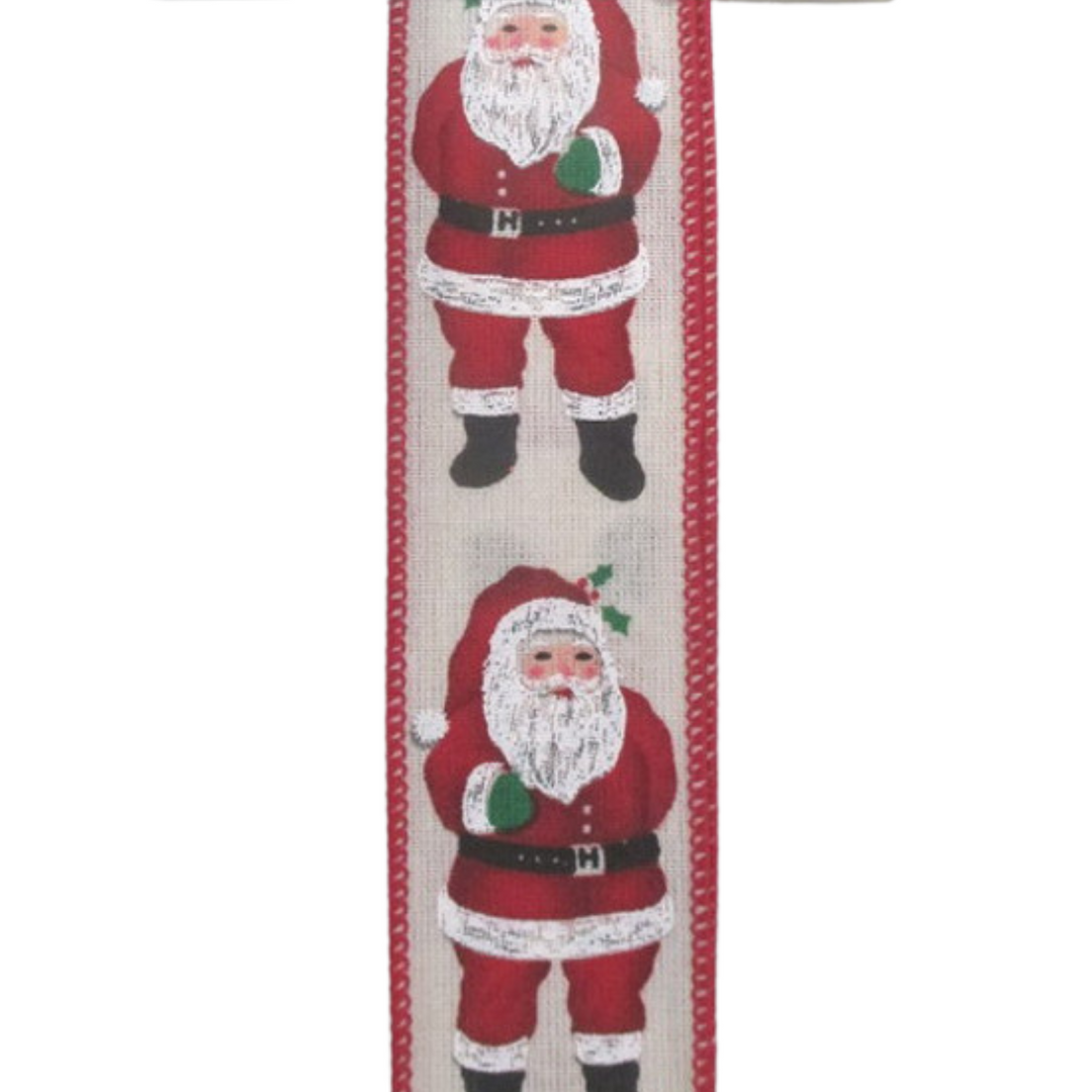 Direct Export LUXURY 1.5" x 10 YD Linen Santa Wired Ribbon in Red/White