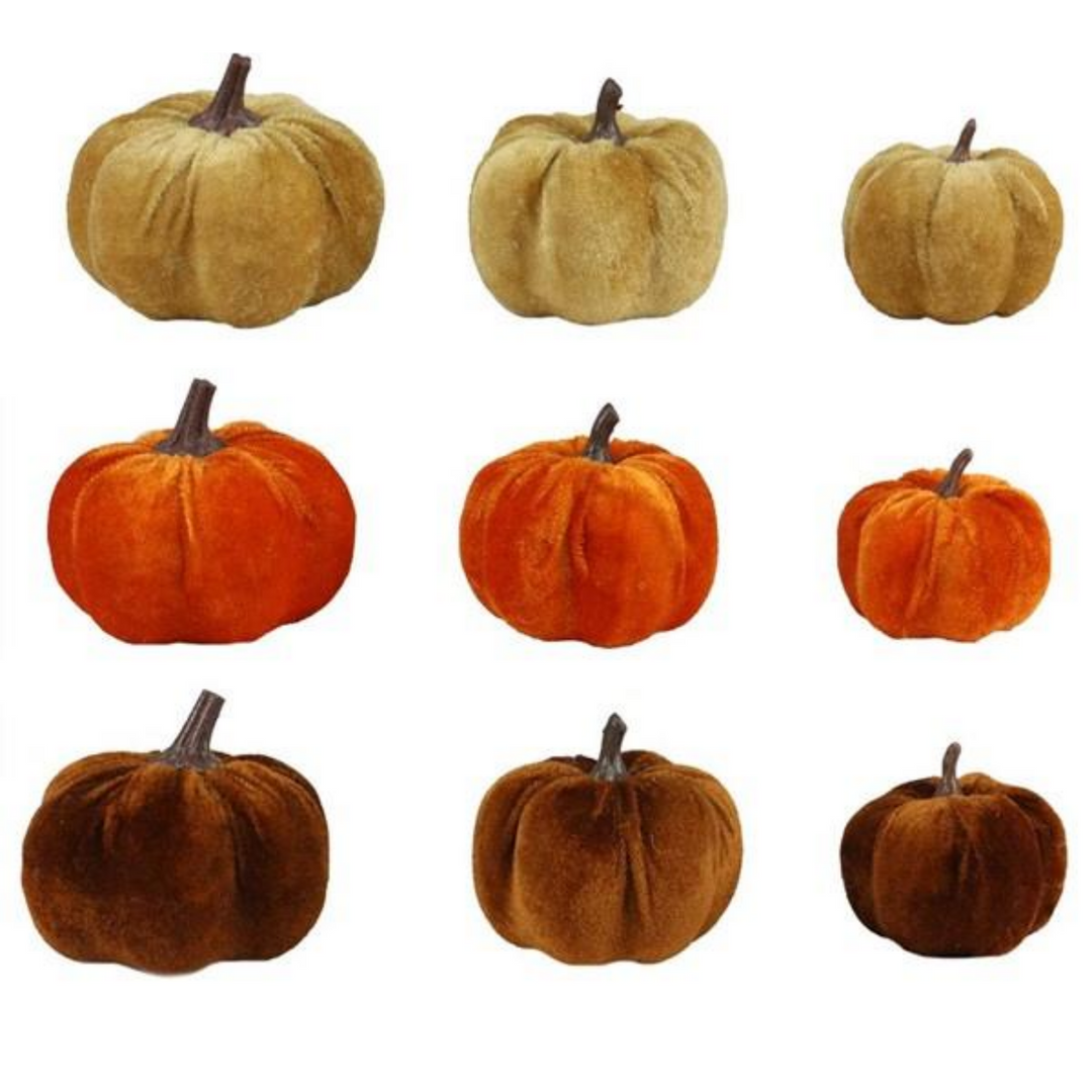 Set of 9 Various sized pumpkins in Gold, Orange and Brown (3 of each color and Size)