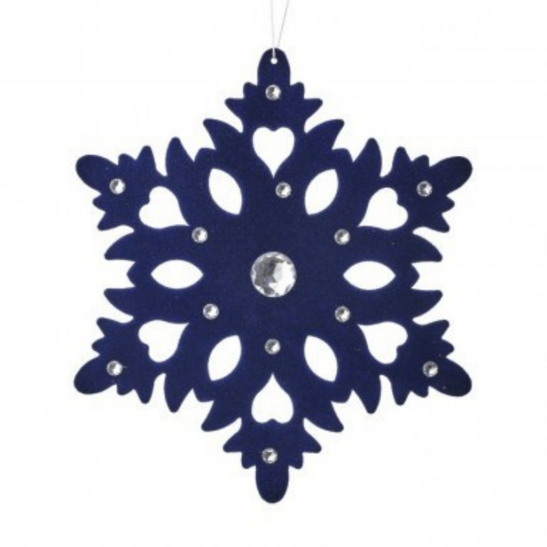 12" Flocked Snowflake with Jewels Ornament in Midnight Blue