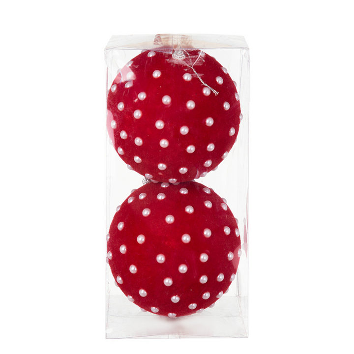 5.91" Red Flocked Covered Ball with with faux pearl beads - Set of 2