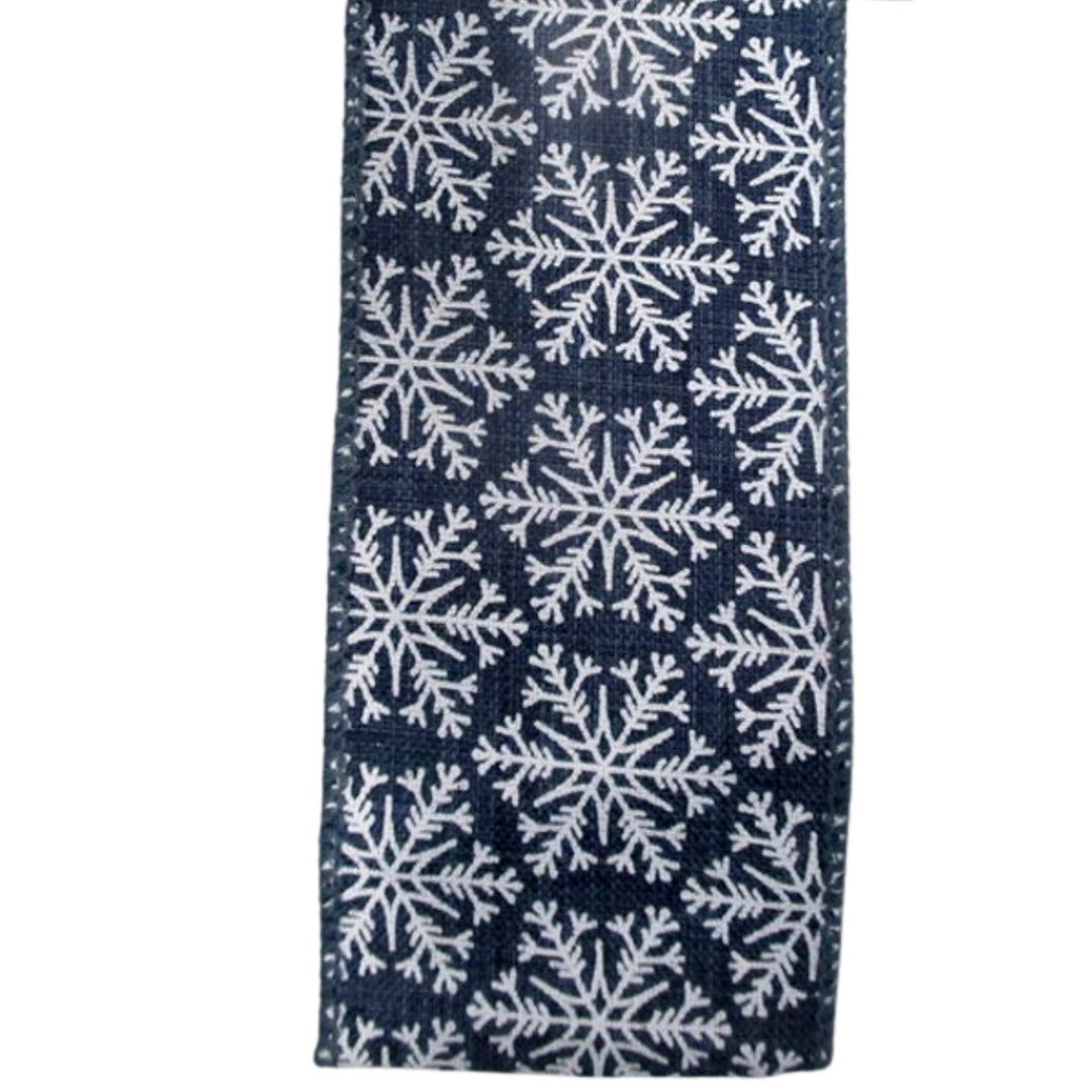 Direct Export LUXURY 2.5" x 10 YD Linen Snowflake Wired Ribbon in Blue