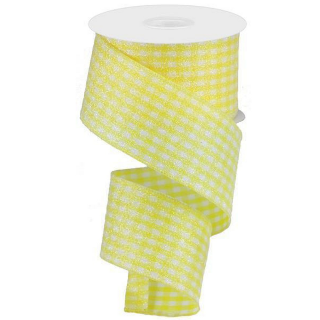 2.5" X 10YD GLITTER YELLOW ON WOVEN GINGHAM CHECK Wired Ribbon