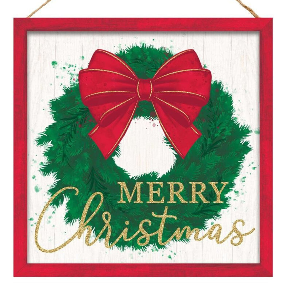 10" Square Glitter Merry Christmas Wreath Sign