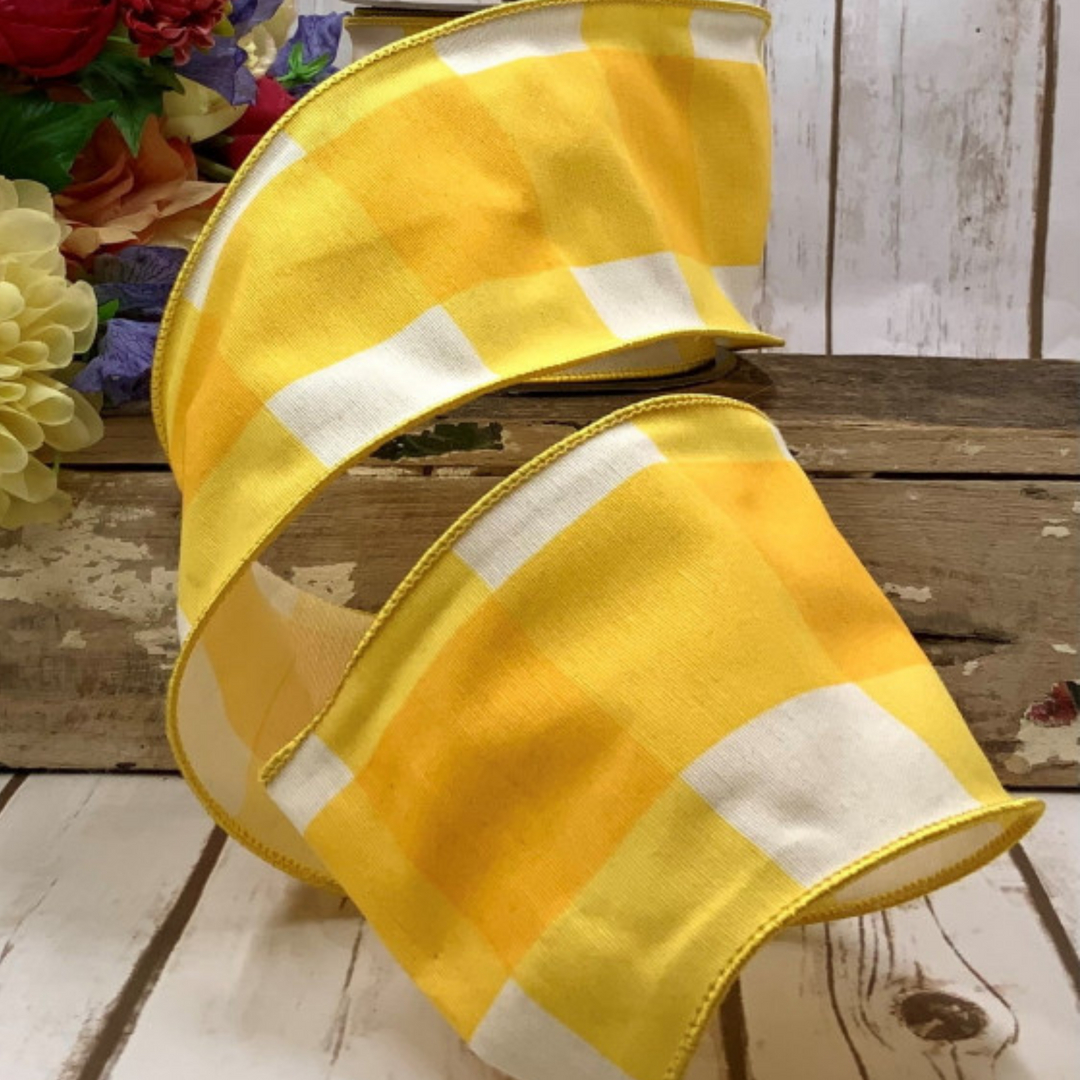 d. stevens 4" x 10 YD Bold Canvas Checked in Sunshine Yellow Wired Ribbon