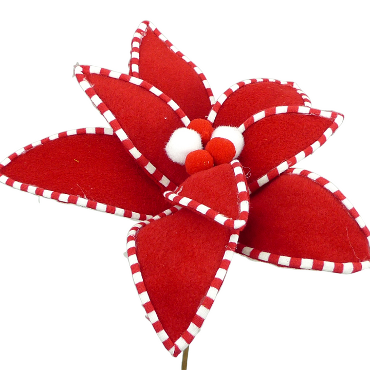 11" Velvet Peppermint Edge Poinsettia Pick in Red/White