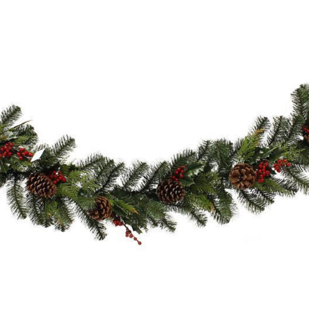 6’ L Deluxe Fir/Holly/Berry/Pinecone Garland - Green/Red/Bown