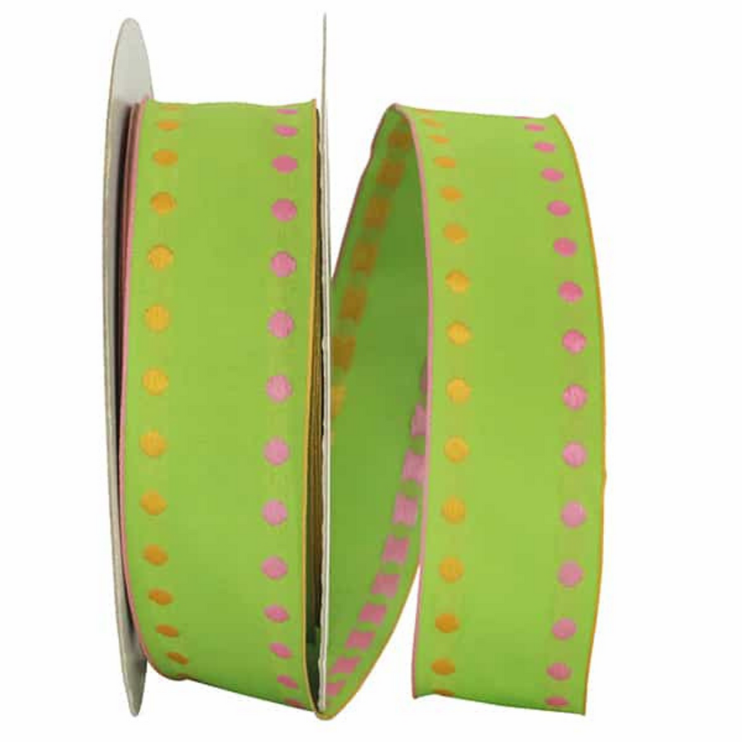 Reliant 1.5" x 50 YD Lime Green with Pink & Orange Dots Wired Ribbon