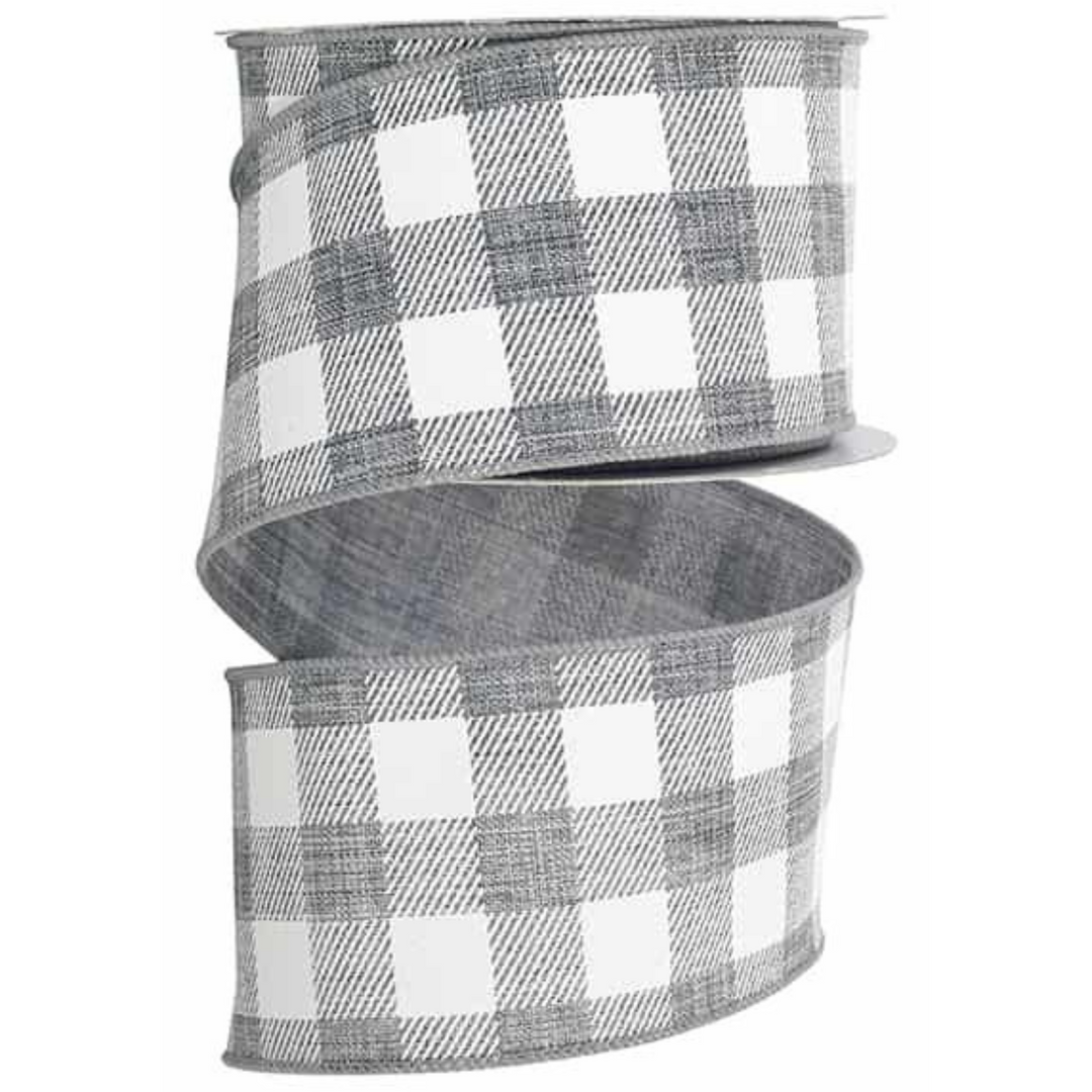 2.5" x 10 YD Grey Gingham Checked Wired Ribbon