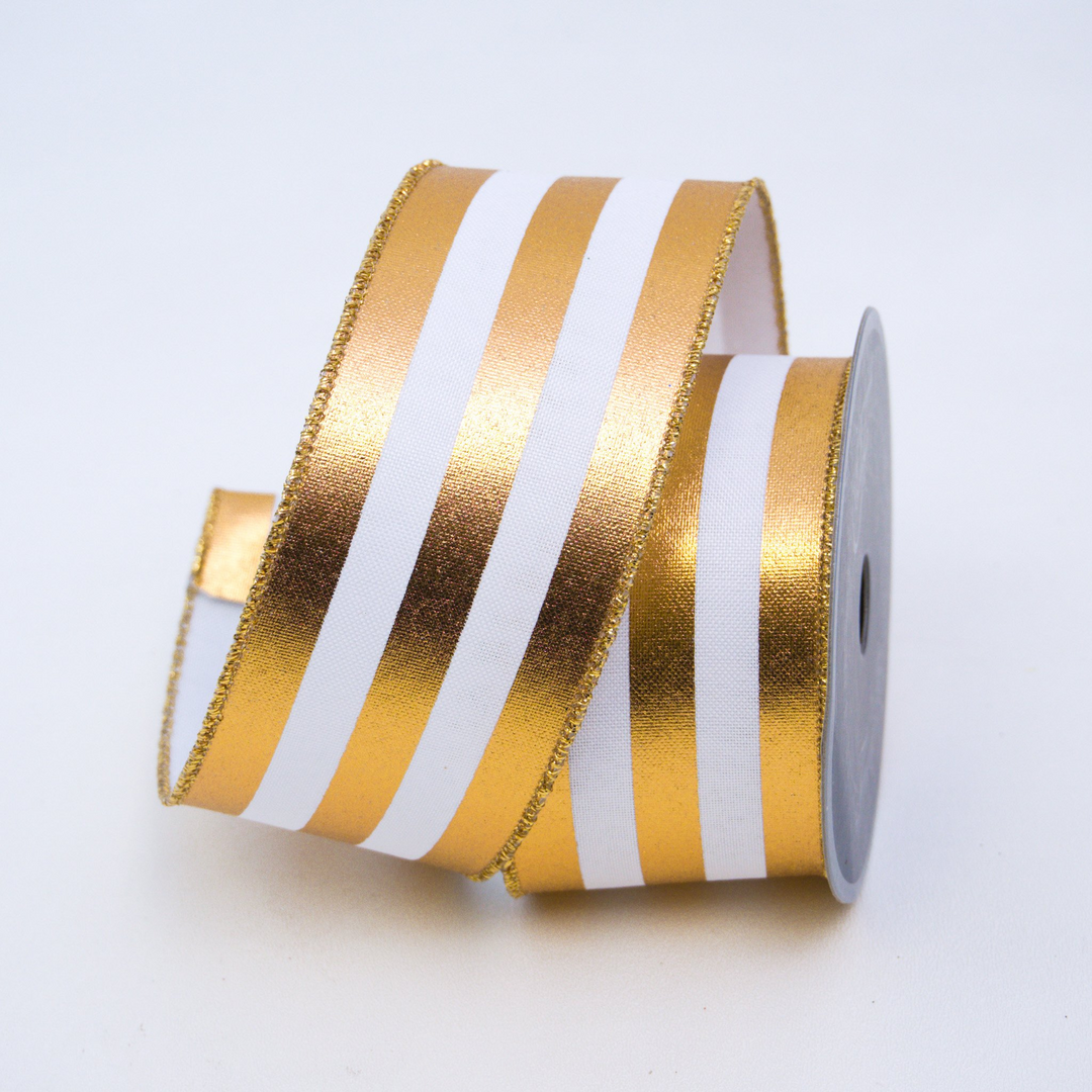 Farrisilk 2.5 inch x 10 yard gold foil vertical striped wired ribbon in metallic gold and white for luxury wreath bows, Christmas décor, floral arrangements, and elegant home decorating