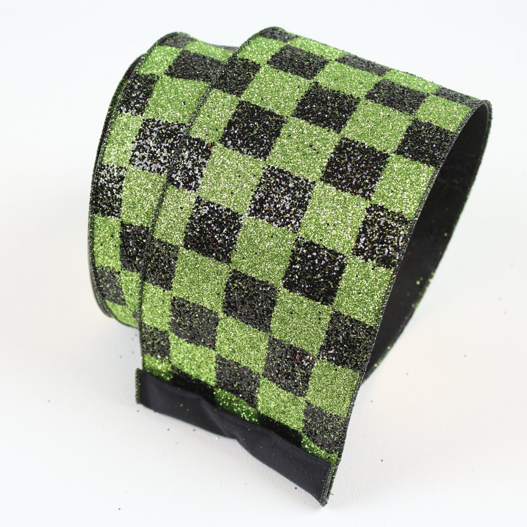 Farrisilk LUXURY 2.5" x 10 YD Spooky Checks Wired Ribbon - Lime Green/Black