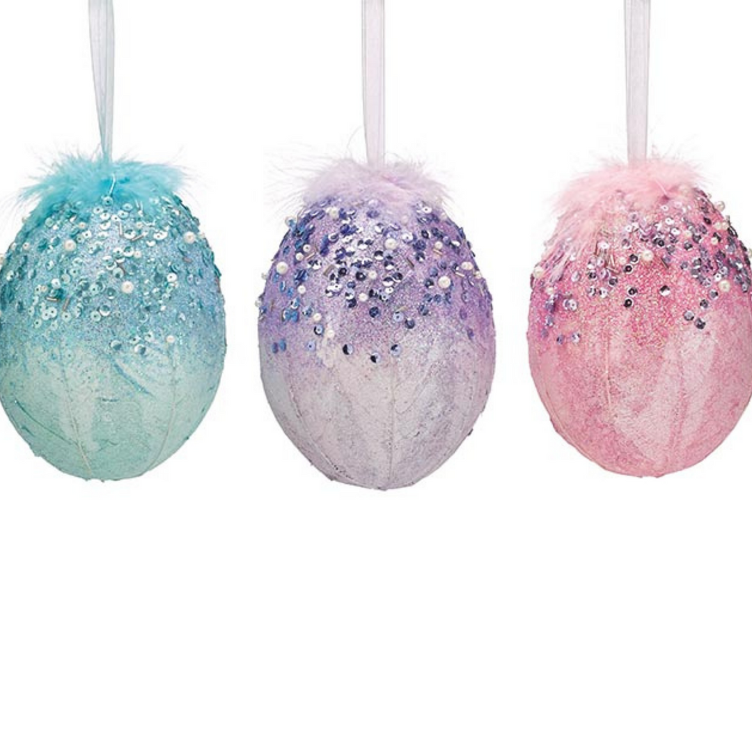 6.5" Sequin Glitter Eggs with Feathers - set of 3