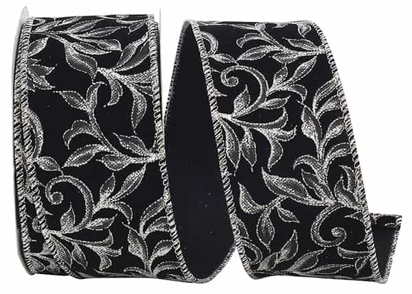 Reliant 2.5" x 10 YD Exquisite Scroll Leaf Wired Ribbon in Black/Silver