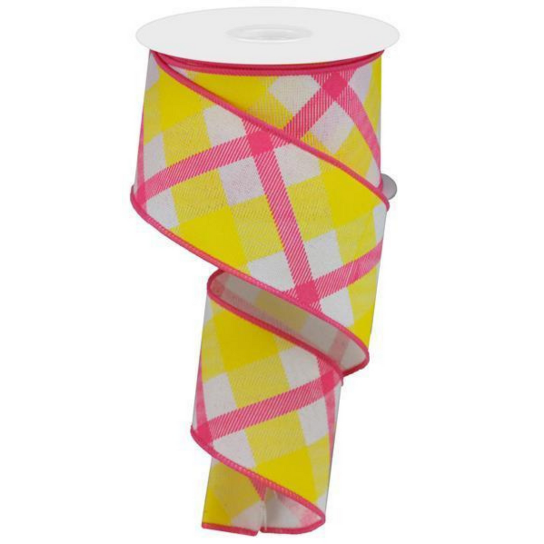 2.5" X1 0YD PRINTED PLAID ON ROYAL Wired Ribbon - Bright Yellow/Pink