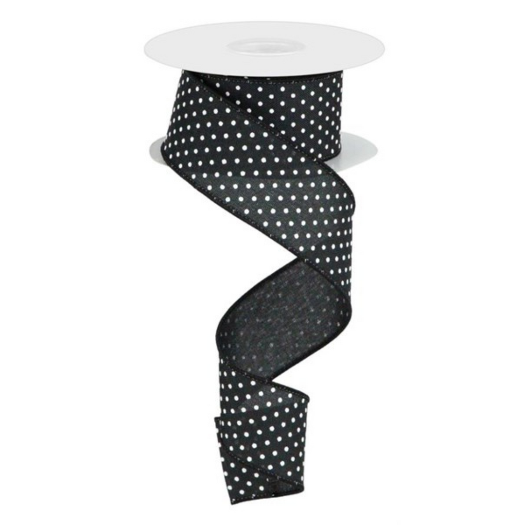 1.5" x 100 Feet Black with White Raised Swiss Dots Wired Ribbon
