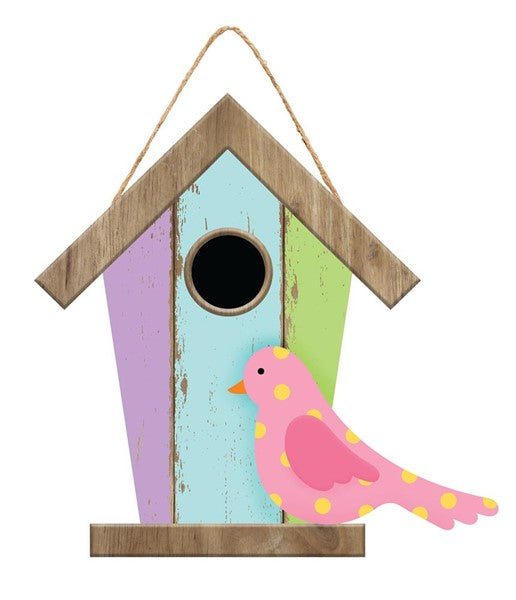 12" Birdhouse with Bird Sign in Purple/Blue/Green