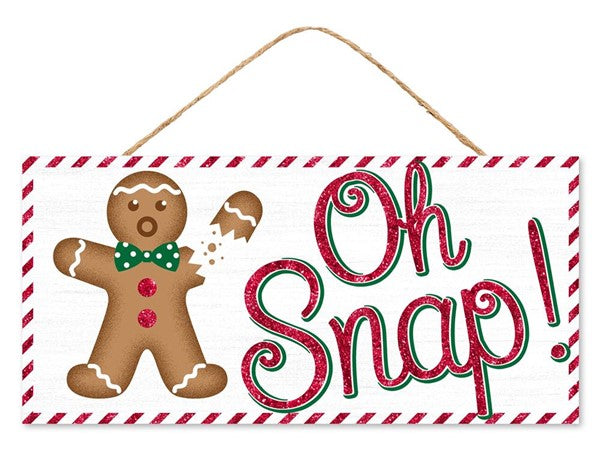 12.5" x 6" Gingerbread Oh Snap Glitter Sign in Red, White, Brown and Green