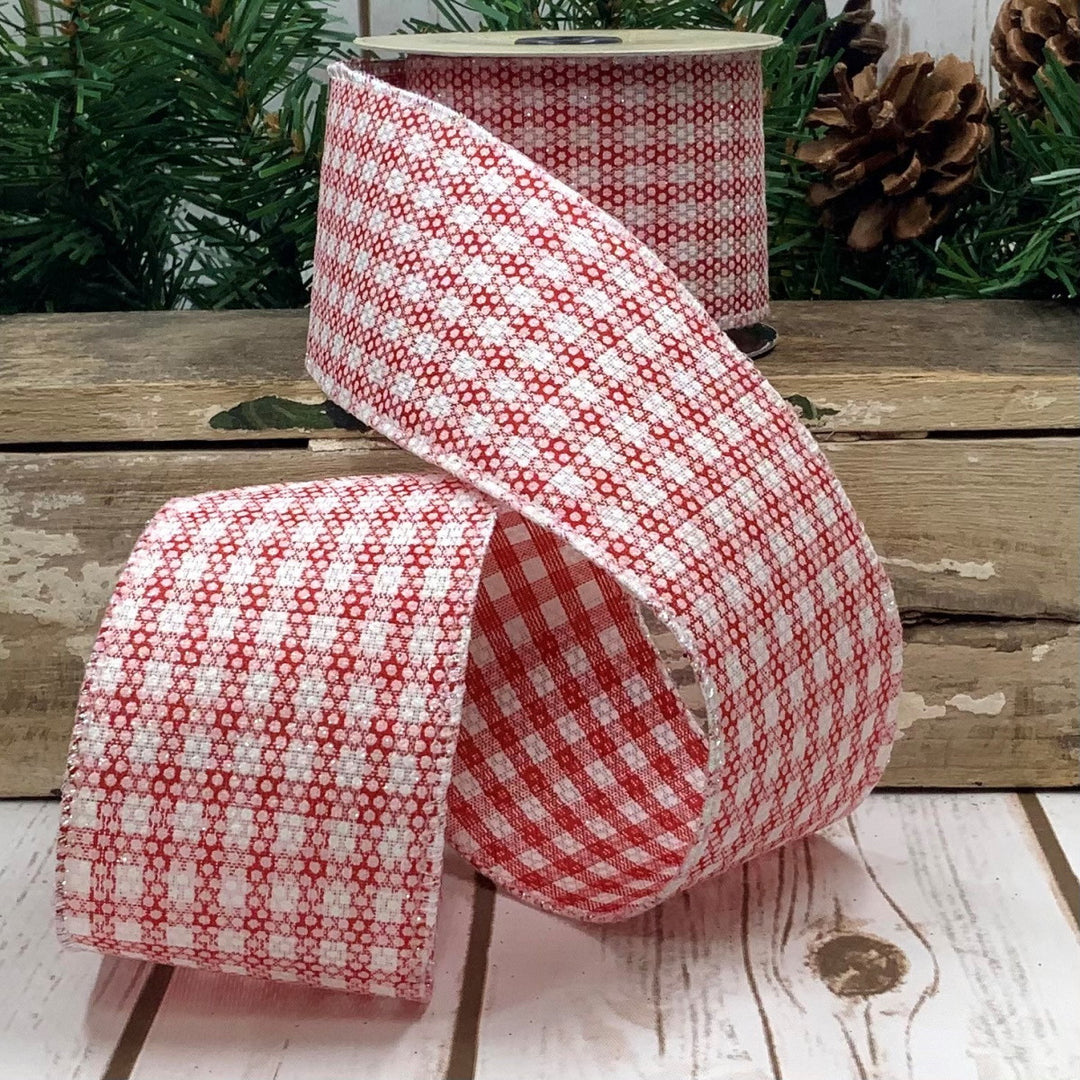 d. stevens 2.5" x 10 YD Faux Linen Red/White Check with Clear Glitter Wired Ribbon