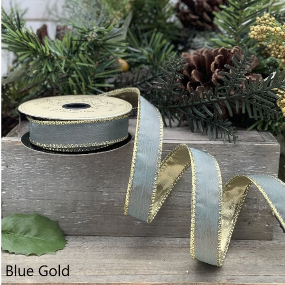 d. stevens 1" x 10 YD Blue Taffeta Wired Ribbon with Gold Back