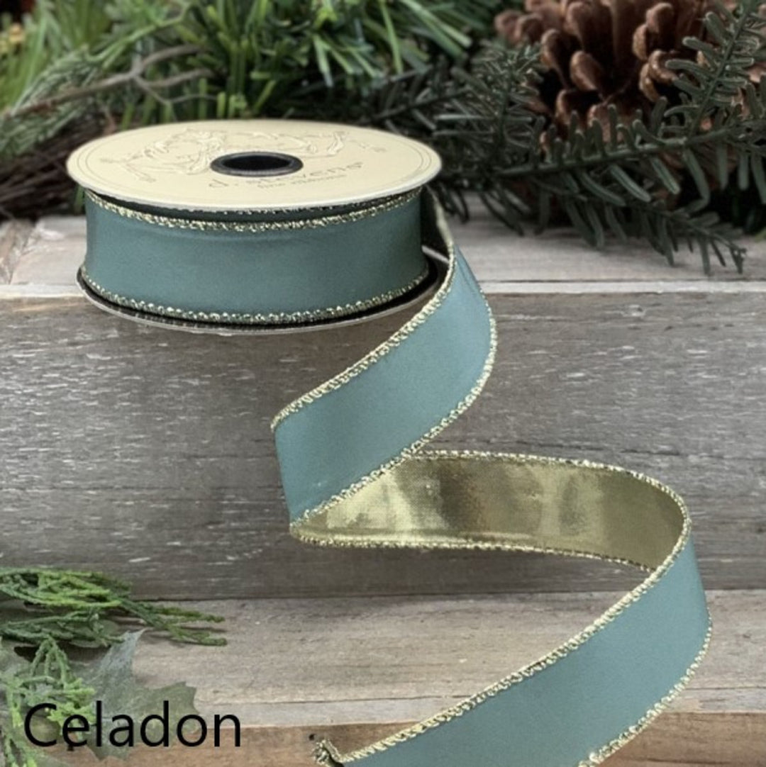 d. stevens 1" x 10 YD Celadon Wired Ribbon with Gold Back