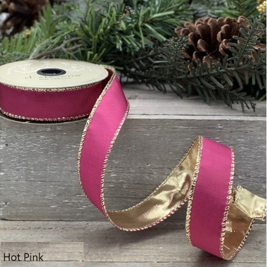 d. stevens 1" x 10 YD Hot Pink Taffeta Wired Ribbon with Gold Back