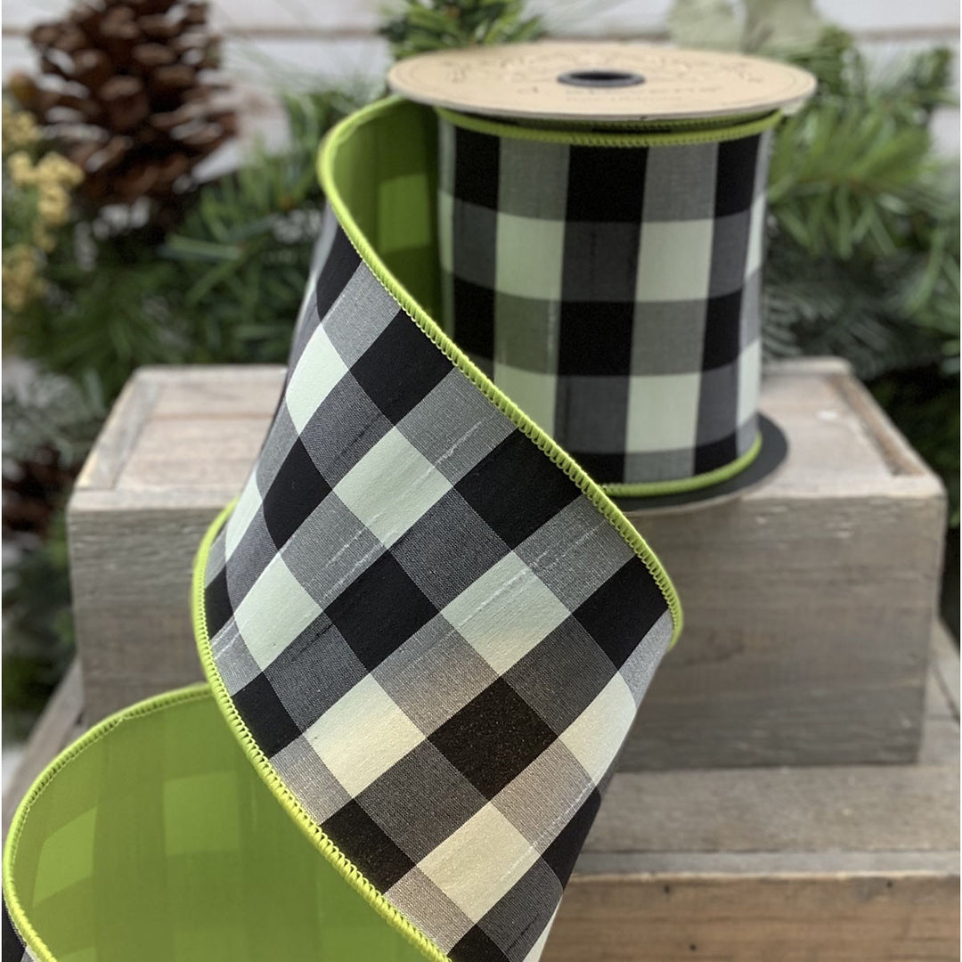 d. stevens 4" x 10 YD Green Backed with Black/White Checked Wired Ribbon