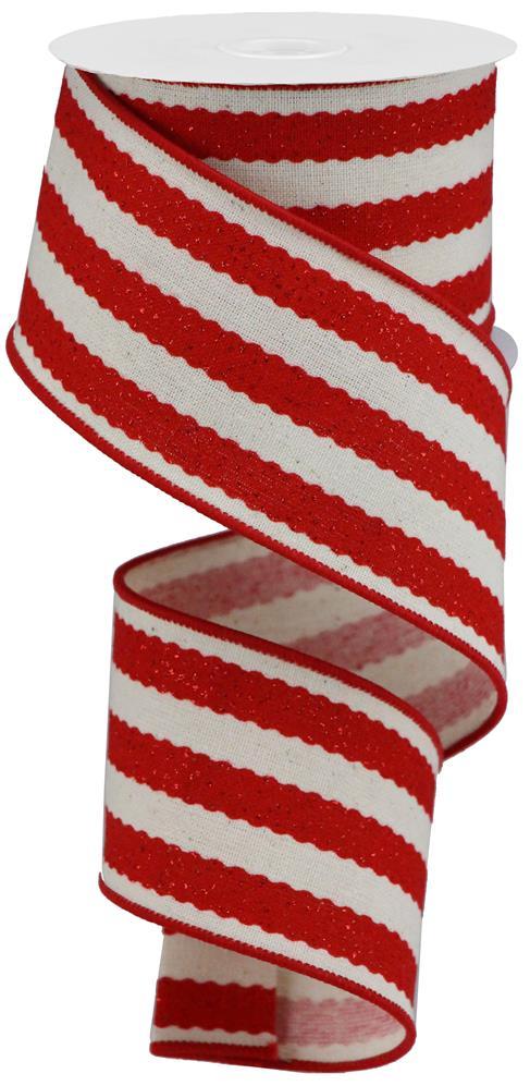 2.5" x 10 YD Lightly Glittered Wide Veritical Stripes Wired Ribbon in Natural/Red