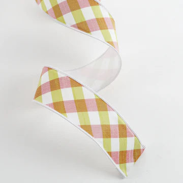 DTHY 2.5" x 5 YARDS Green/Pink/White Diagonal with White Fused Back Wired Ribbon