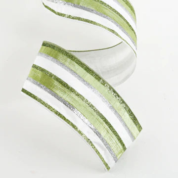 DTHY 4" x 5 YARDS Green/White Metallic Stripe Wired Ribbon