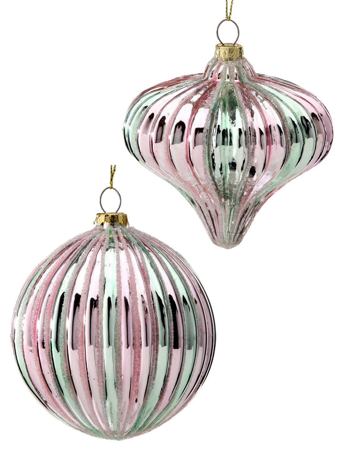 Regency 4" Glass Stripe/Ridge Ball/Finial  in Pink/Green - Set of 2
