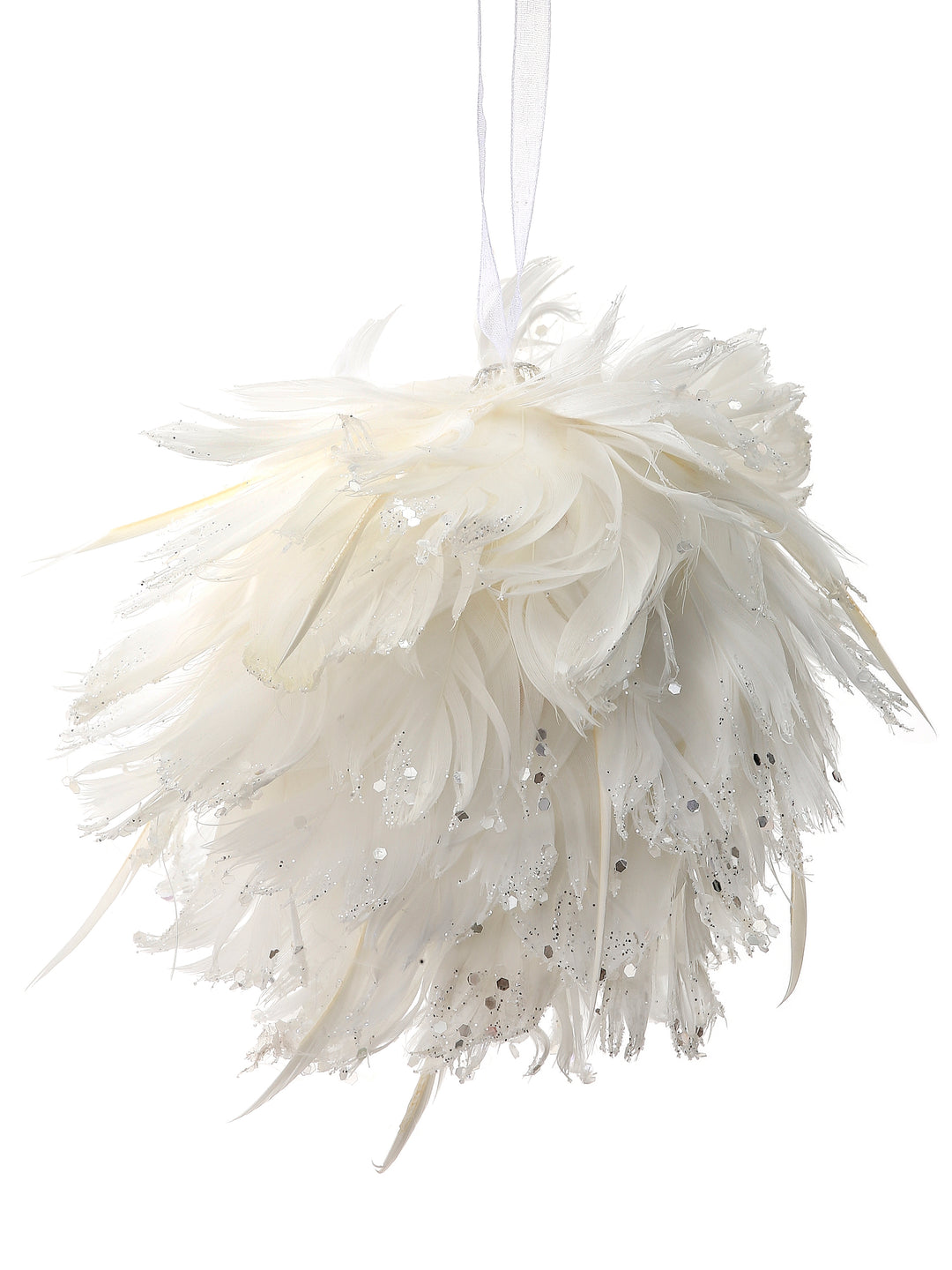 Regency 5" Glitter Tip Feather Ball Ornament/Attachment in white