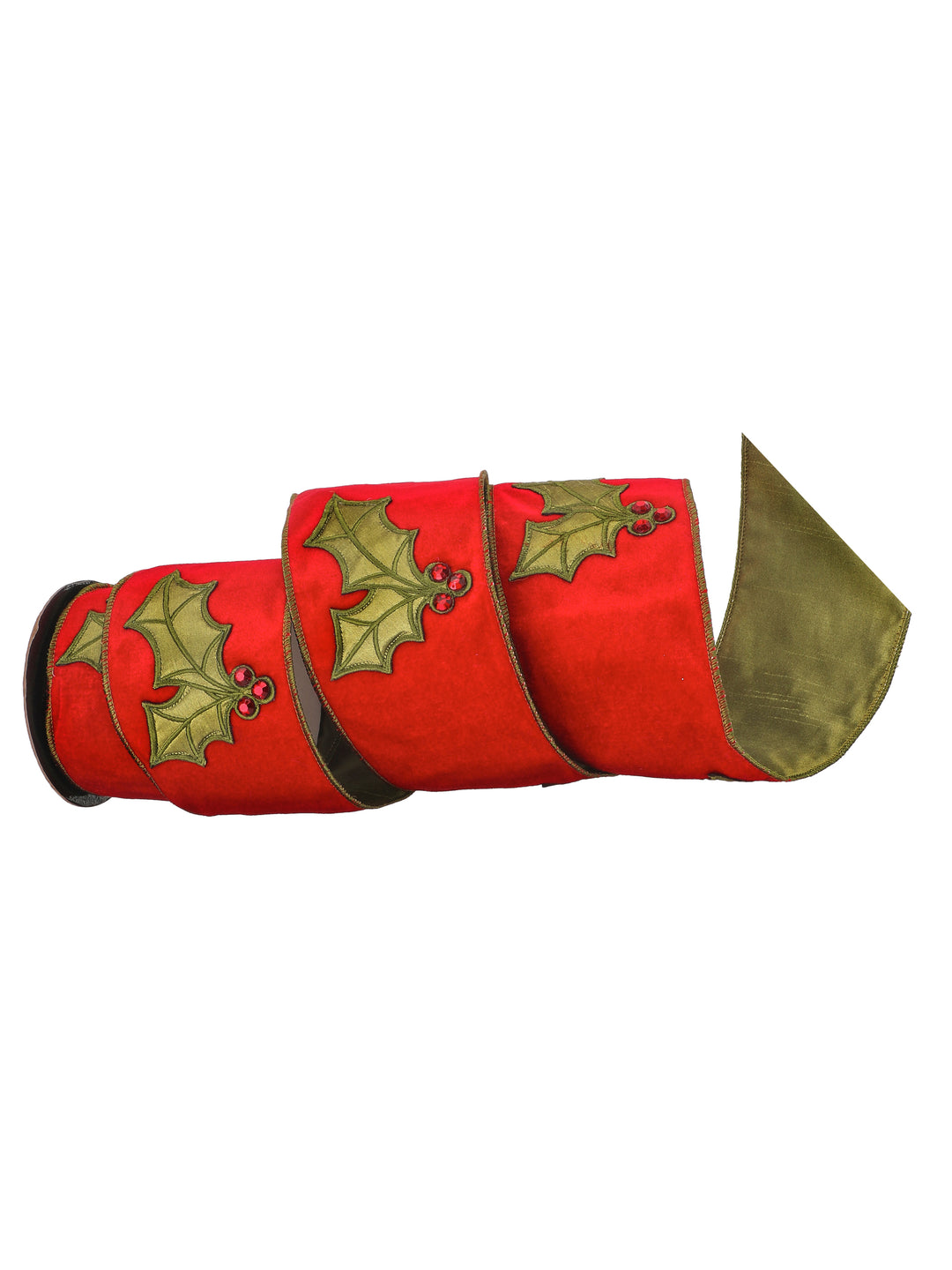 Regency 4" x 5 YD Velvet Embroidered Holly Leaf/Jewel Wired Ribbon in Red/Green