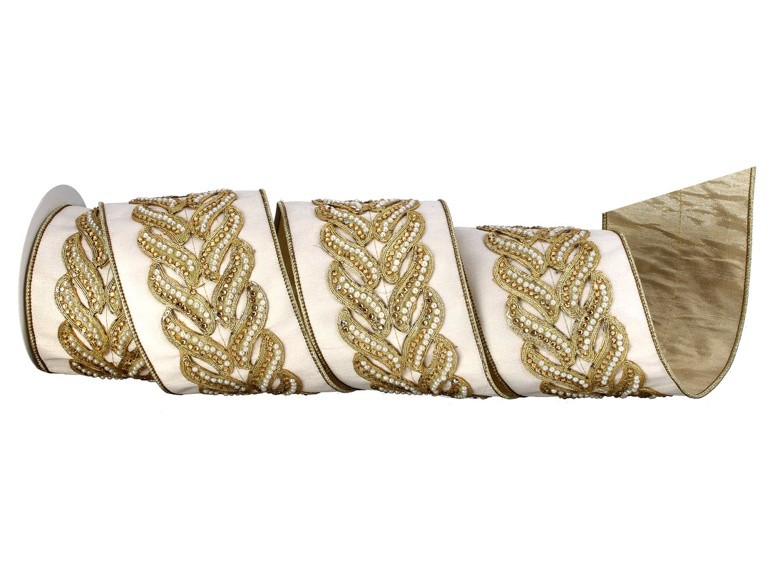 Regency 4" x 5 YD Pearl Jeweled Trim Ivory Metallic Dupioni Gold Backed Wired Ribbon