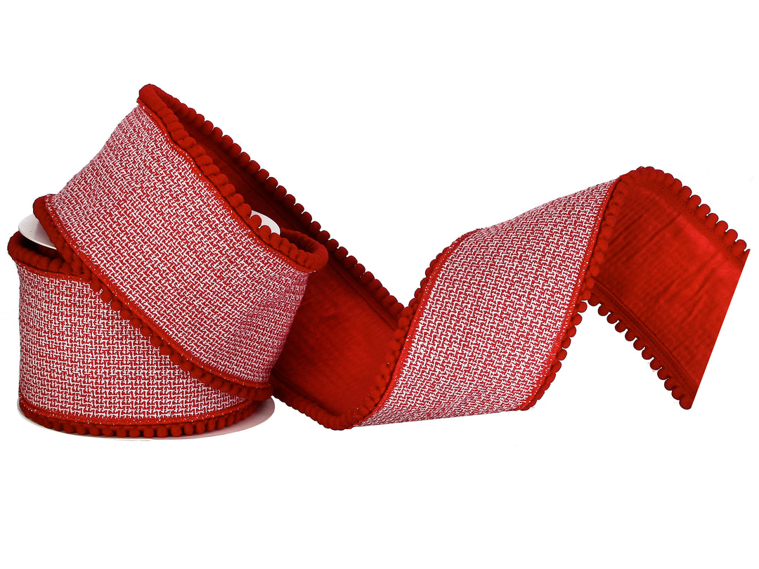 Regency 4" x  5 YD Houndstooth Pom Pom Trimmed Wired Ribbon in Red/White