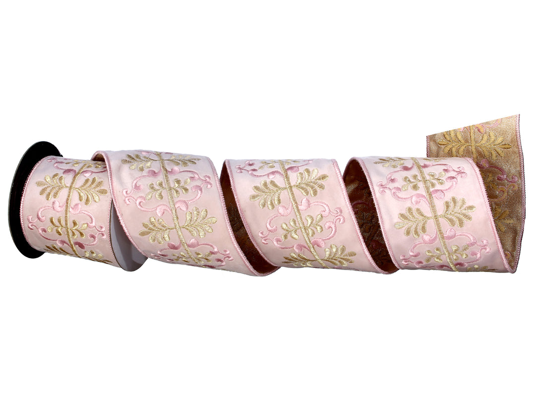 Regency 4" x 5 YD Embroidered Leaf Scroll Velvet Ribbon in Pink/Champagne Gold