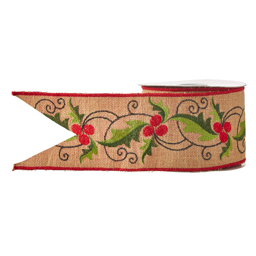 RAZ LUXURY 4" x 10 YD Holly Embroidered Wired Ribbon - Red/Green/Natural
