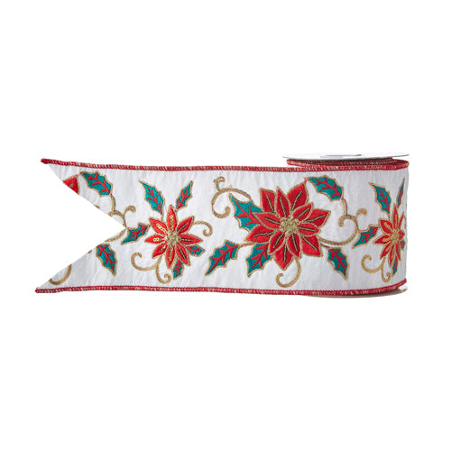 RAZ LUXURY 4" x 5 YD Embroidered Poinsettia Wired Ribbon in Red/Green/Gold/White