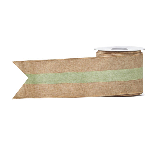 RAZ LUXURY 4" x 10 YD Striped Wired Ribbon- Natural with Soft Green Center Stripe