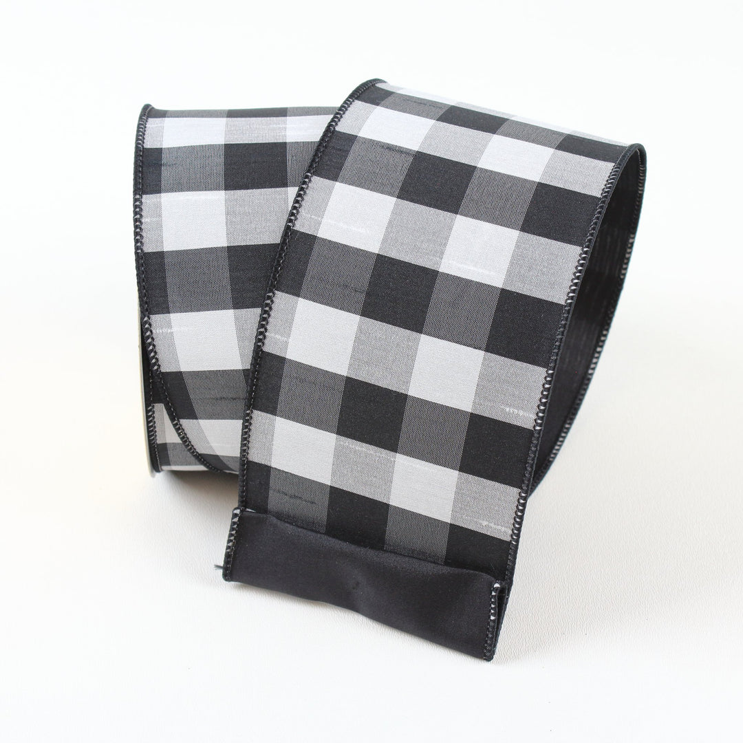 LUXURY 4" X 10 YD Black Check with Black Backing Wired Ribbon